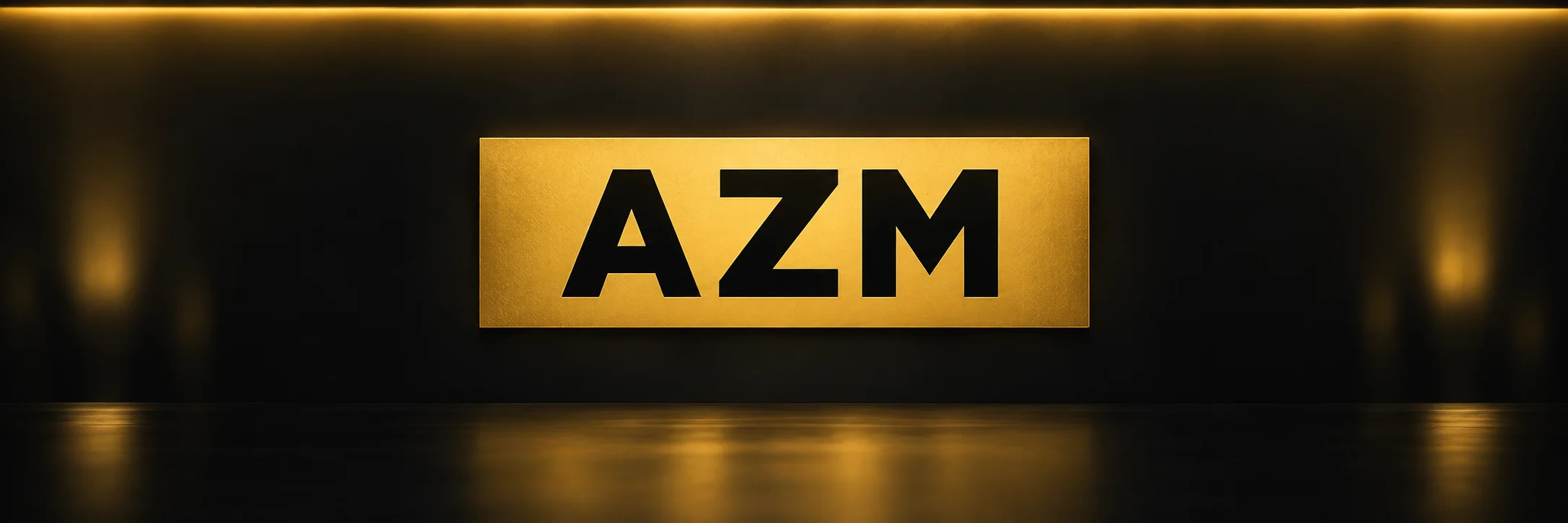 AZM black wordmark on a gold cinema sign